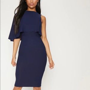 NWT Pretty little thing Navy One Shoulder Cape Detail Midi Dress UK 10 / US 6